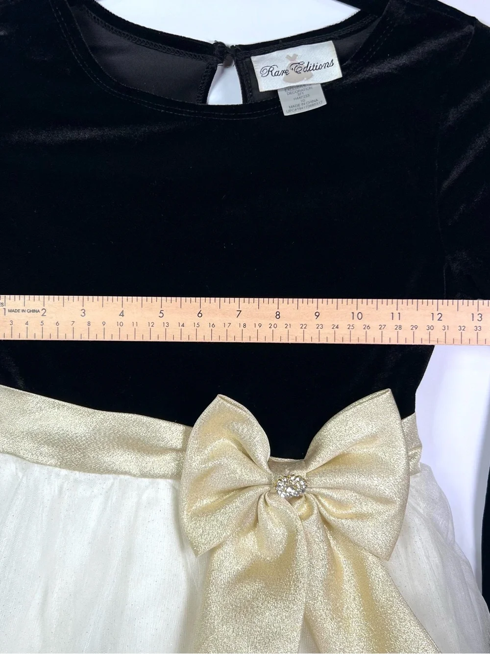 Rare Editions Black Velvet and Cream Tulle Dress Gold Bow and Embroidered Skirt